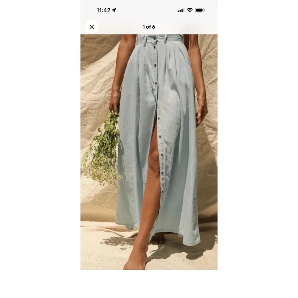Pistola Skirt Womens Size M Blue Chambray Snap Baez Maxi Boho Indie Classic